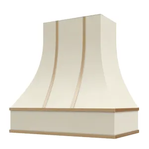 Antique White Range Hood With Curved Front, Brass Strapping and Block Trim - 30", 36", 42", 48", 54" and 60" Widths Available