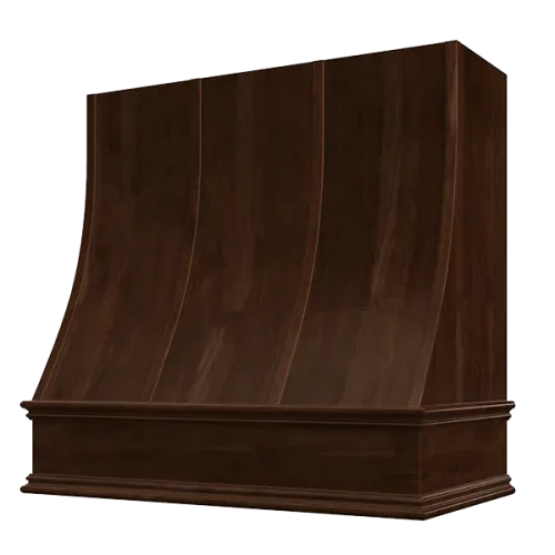 Espresso Wood Range Hood With Sloped Strapped Front and Decorative Trim - 30", 36", 42", 48", 54" and 60" Widths Available