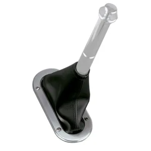 Lokar Floor Mount Parking Brake Boot - Oval Boot - Brushed Aluminum Ring - Vinyl - Black