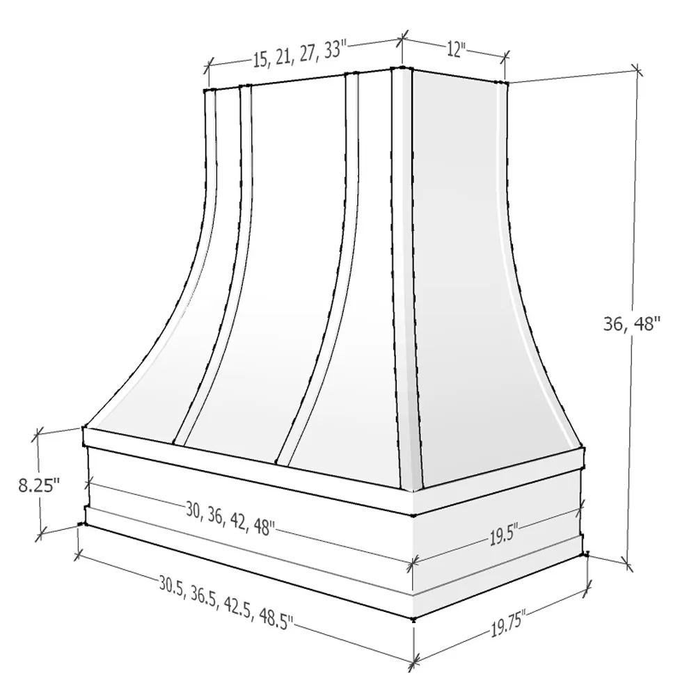 Primed Range Hood With Curved Front, Brass Strapping, Buttons and Block Trim - 30", 36", 42", 48", 54" and 60" Widths Available