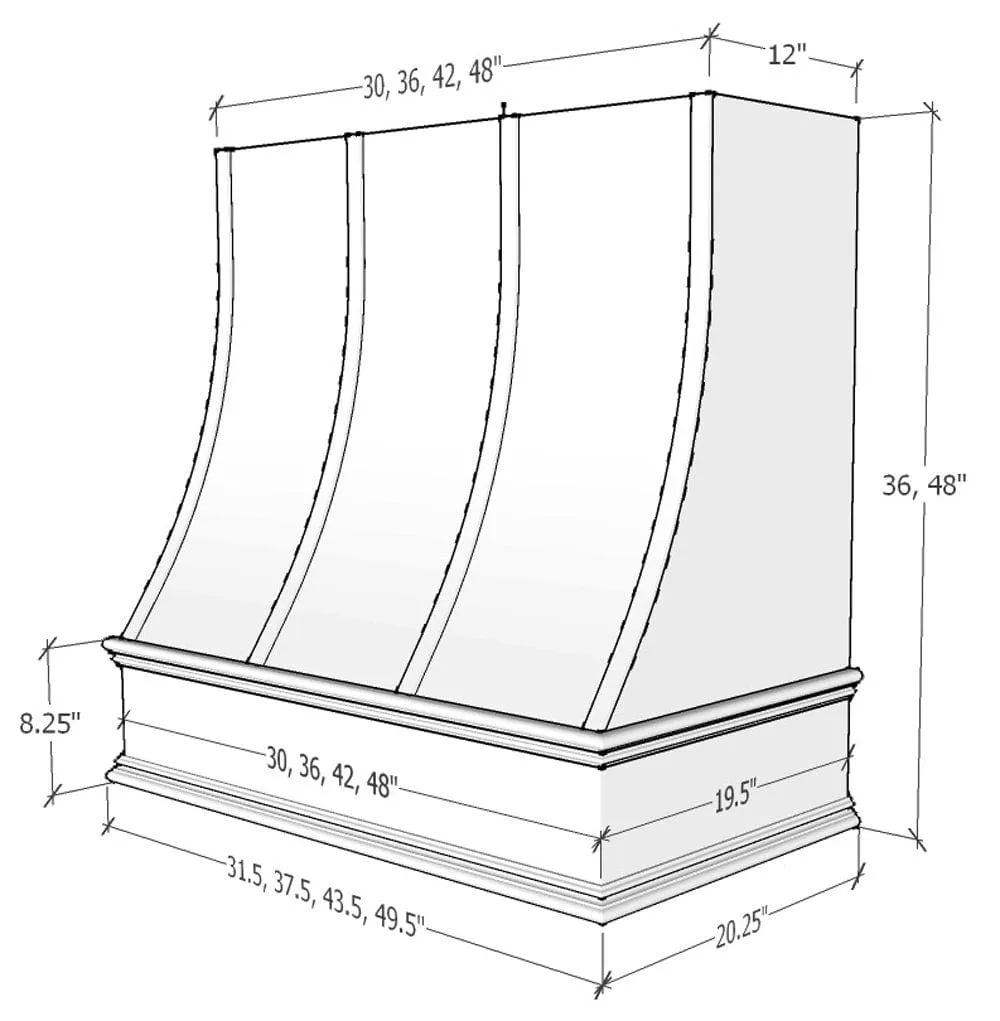 Primed Wood Range Hood With Sloped Strapped Front and Decorative Trim - 30", 36", 42", 48", 54" and 60" Widths Available