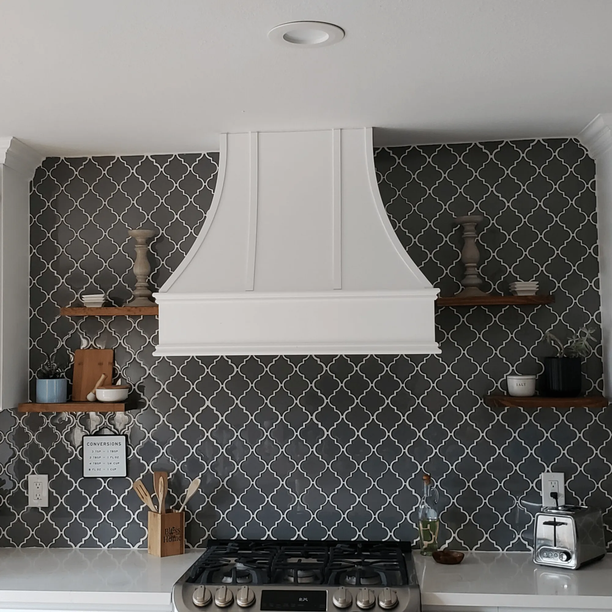 White Range Hood With Curved Strapped Front and Block Trim - 30", 36", 42", 48", 54" and 60" Widths Available