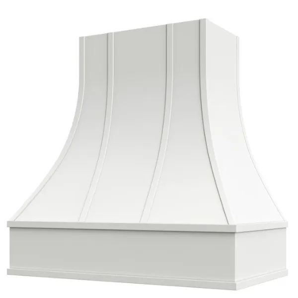White Range Hood With Curved Strapped Front and Block Trim - 30", 36", 42", 48", 54" and 60" Widths Available